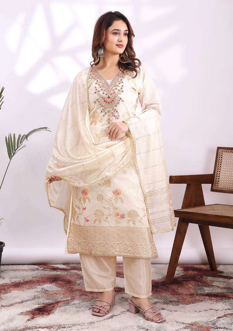 Cream Embroidery Jacquard Kurta Set - Indya