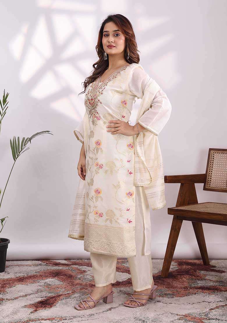 Cream Embroidery Jacquard Kurta Set - Indya