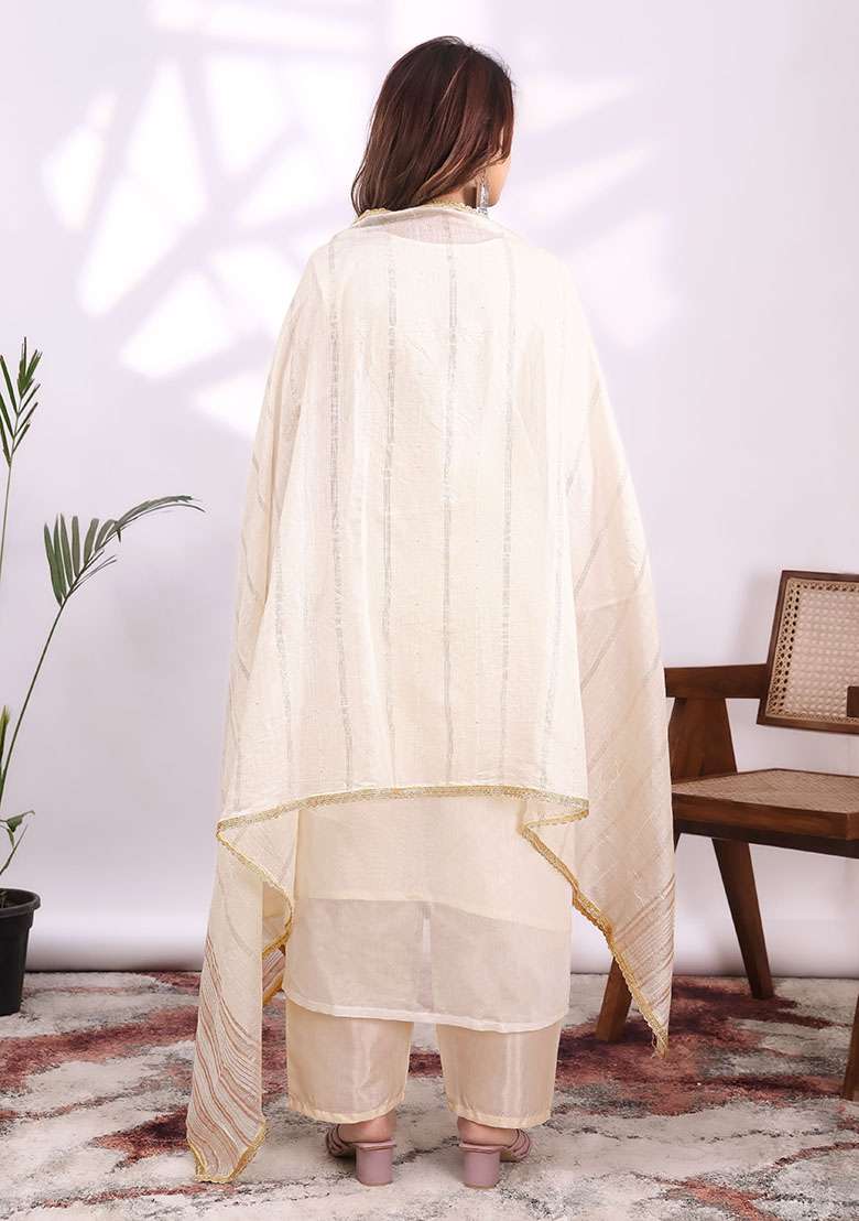 Cream Embroidery Jacquard Kurta Set - Indya