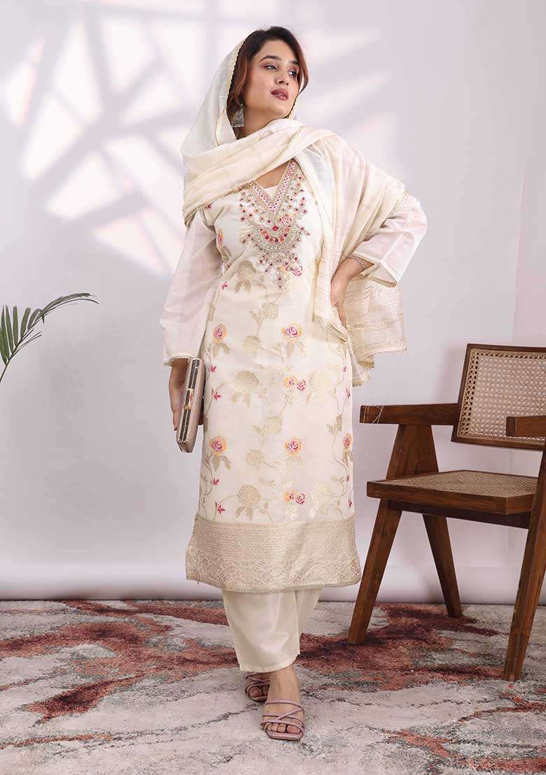 Cream Embroidery Jacquard Kurta Set - Indya