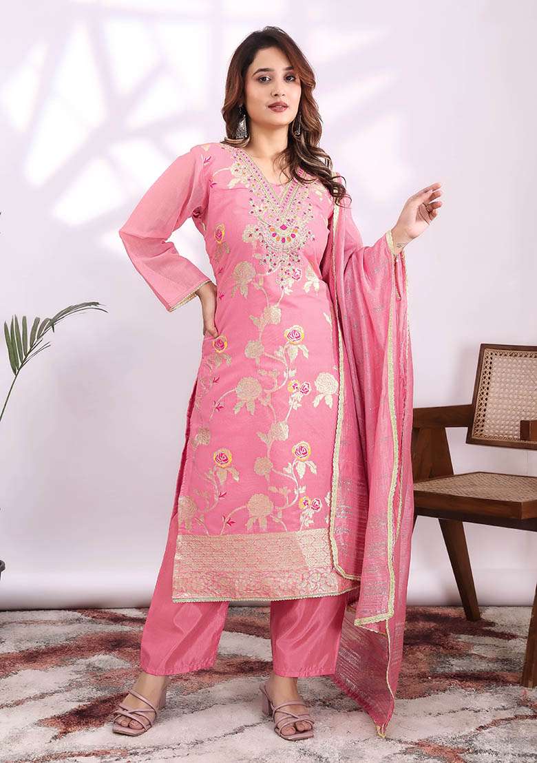 Pink Embroidery Jacquard Kurta Set - Indya