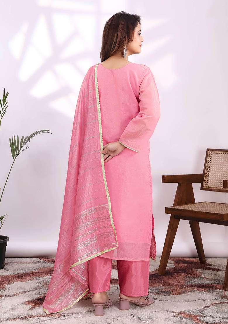 Pink Embroidery Jacquard Kurta Set - Indya