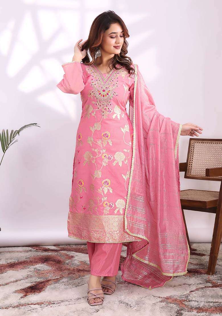 Pink Embroidery Jacquard Kurta Set - Indya