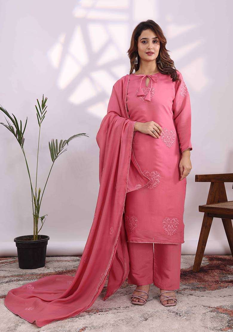Pink Embroidery Chanderi Kurta Set - Indya