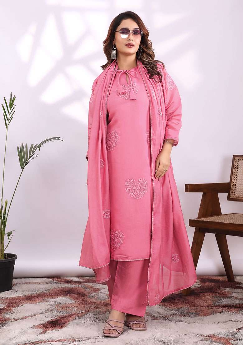 Pink Embroidery Chanderi Kurta Set - Indya