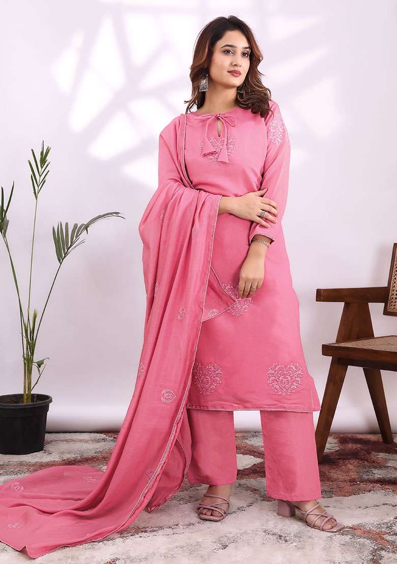 Pink Embroidery Chanderi Kurta Set - Indya