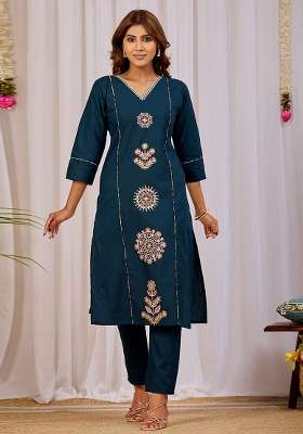 Blue Embroidery Cotton Kurta Set