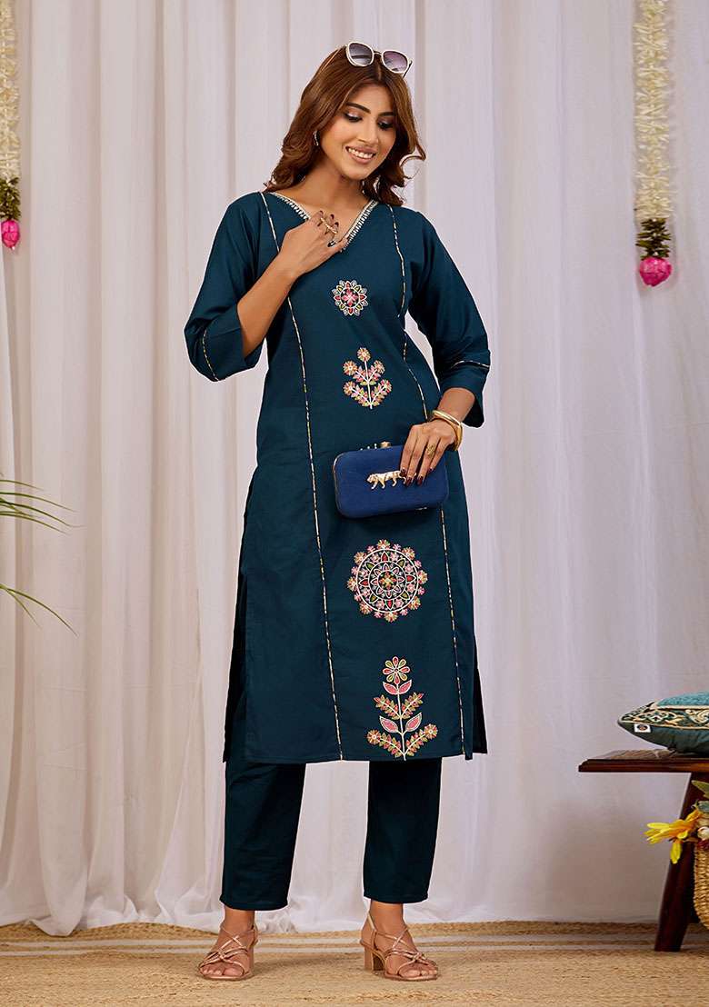 Blue Embroidery Cotton Kurta Set - Indya