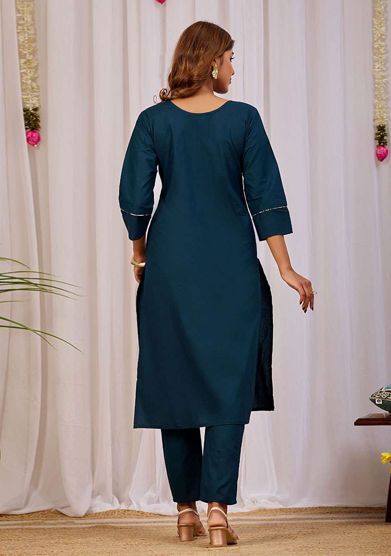 Blue Embroidery Cotton Kurta Set - Indya