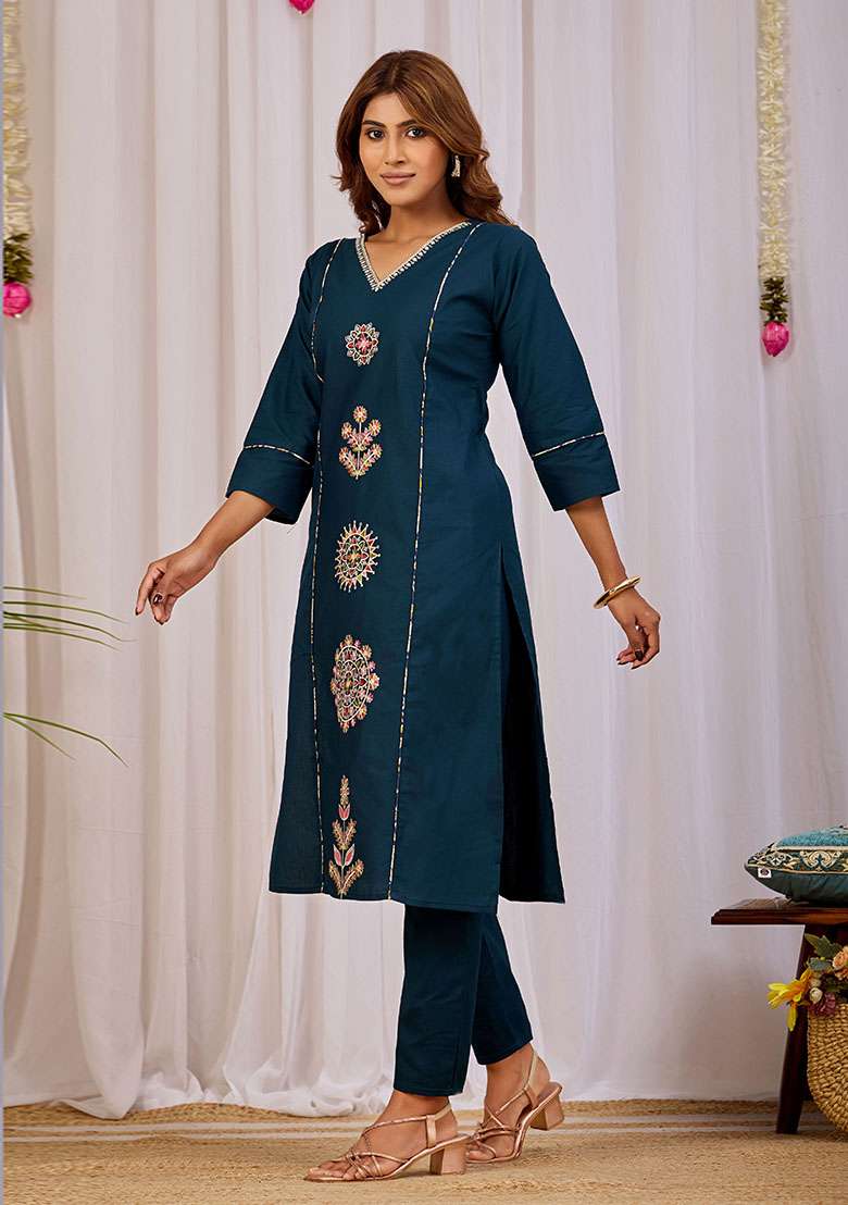 Blue Embroidery Cotton Kurta Set - Indya