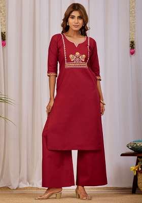 Maroon Embroidery Cotton Kurta Set