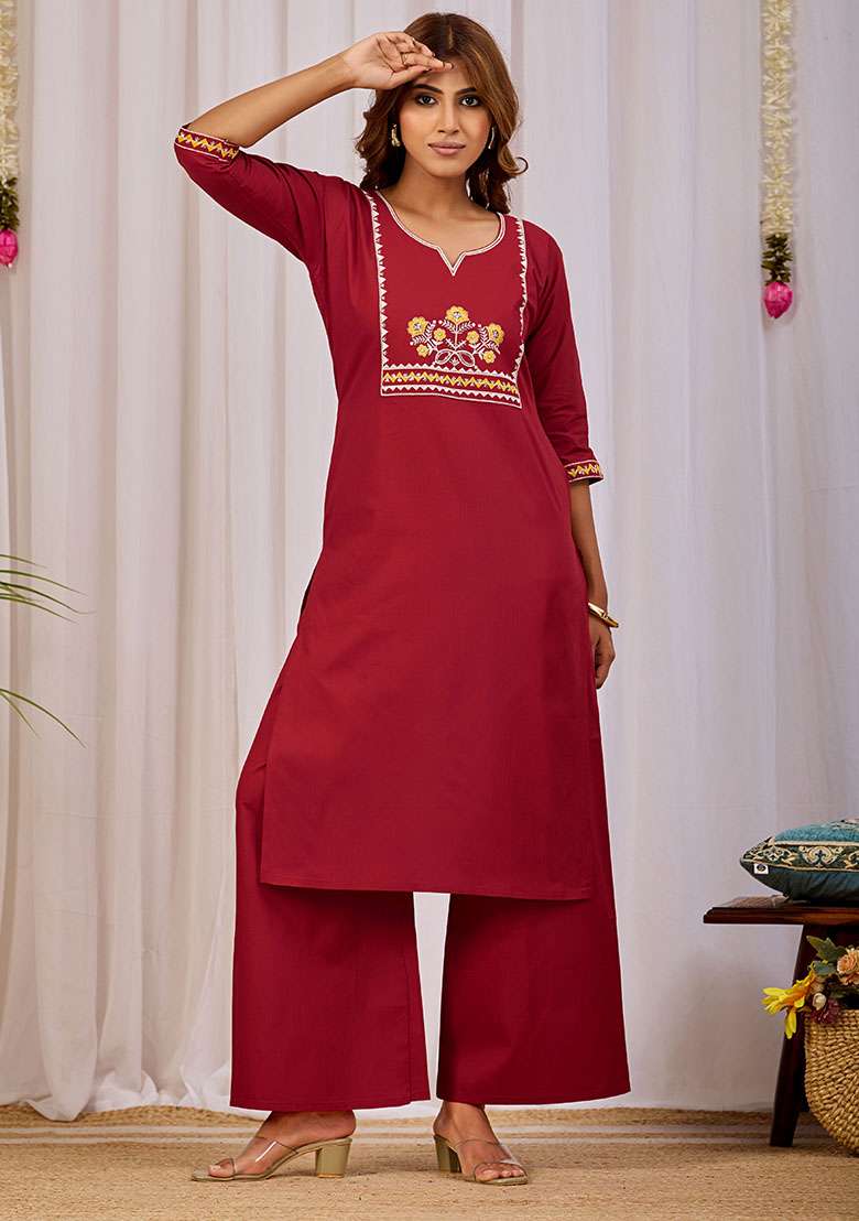 Maroon Embroidery Cotton Kurta Set - Indya