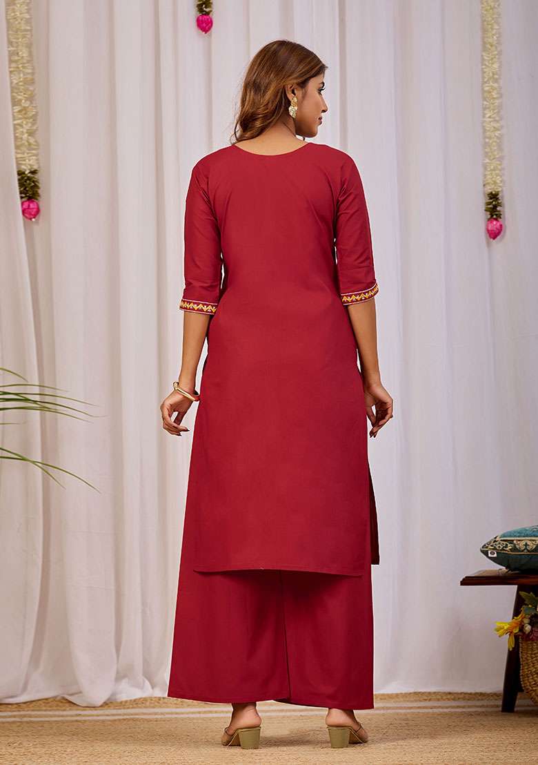 Maroon Embroidery Cotton Kurta Set - Indya