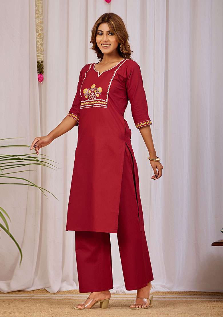 Maroon Embroidery Cotton Kurta Set - Indya