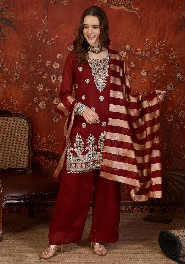 Maroon Embroidery Silk Kurta Set - Indya
