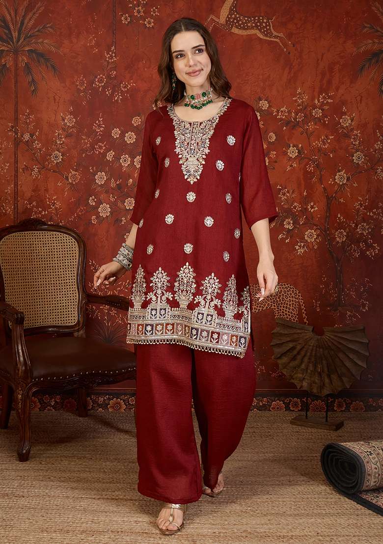 Maroon Embroidery Silk Kurta Set - Indya