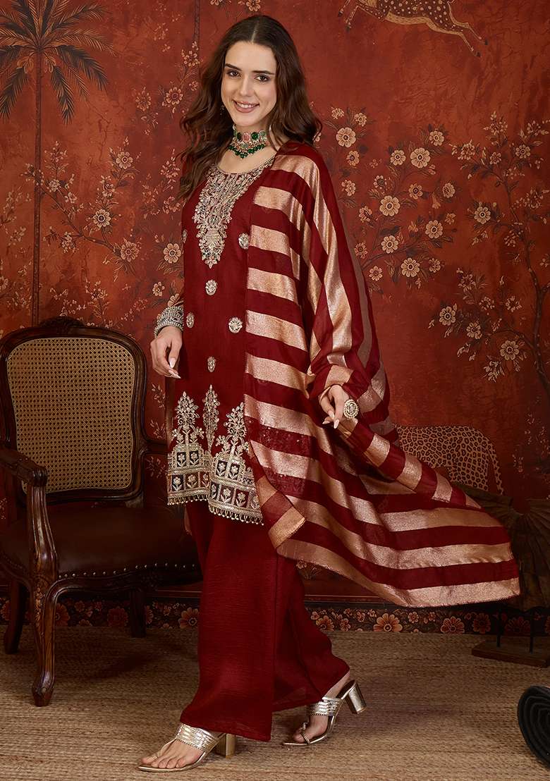 Maroon Embroidery Silk Kurta Set - Indya