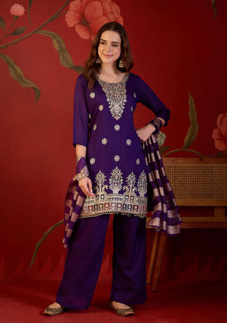 Violet Embroidery Silk Kurta Set - Indya
