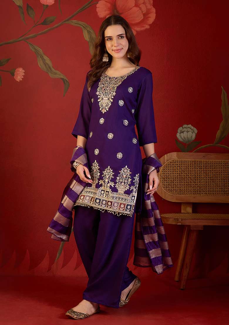 Violet Embroidery Silk Kurta Set - Indya