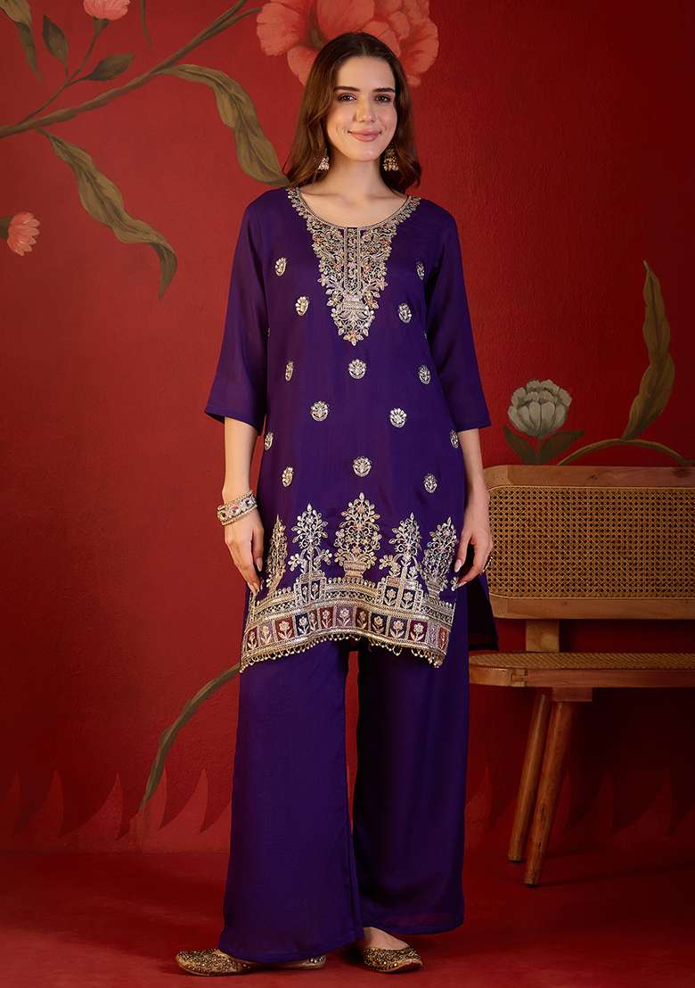 Violet Embroidery Silk Kurta Set - Indya
