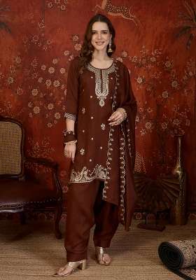 Brown Embroidery Silk Kurta Set