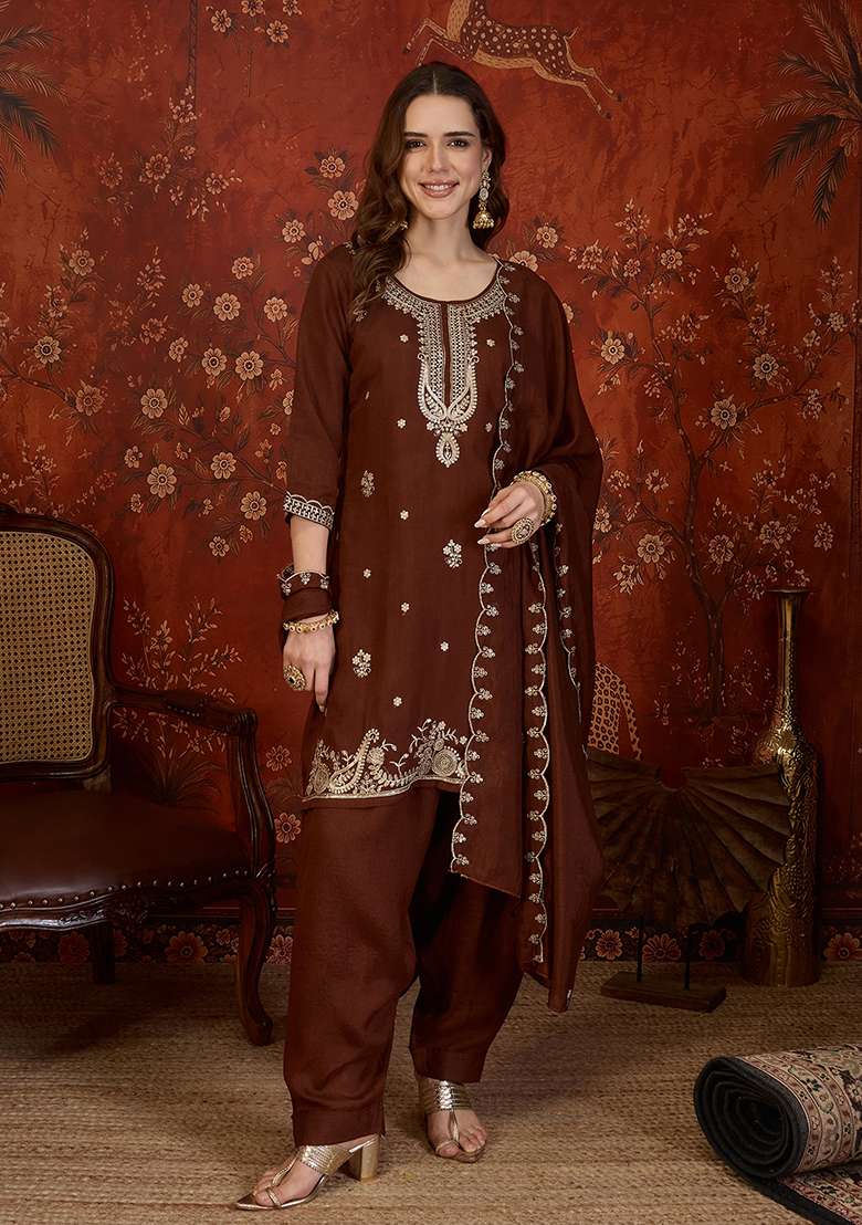 Brown Embroidery Silk Kurta Set - Indya