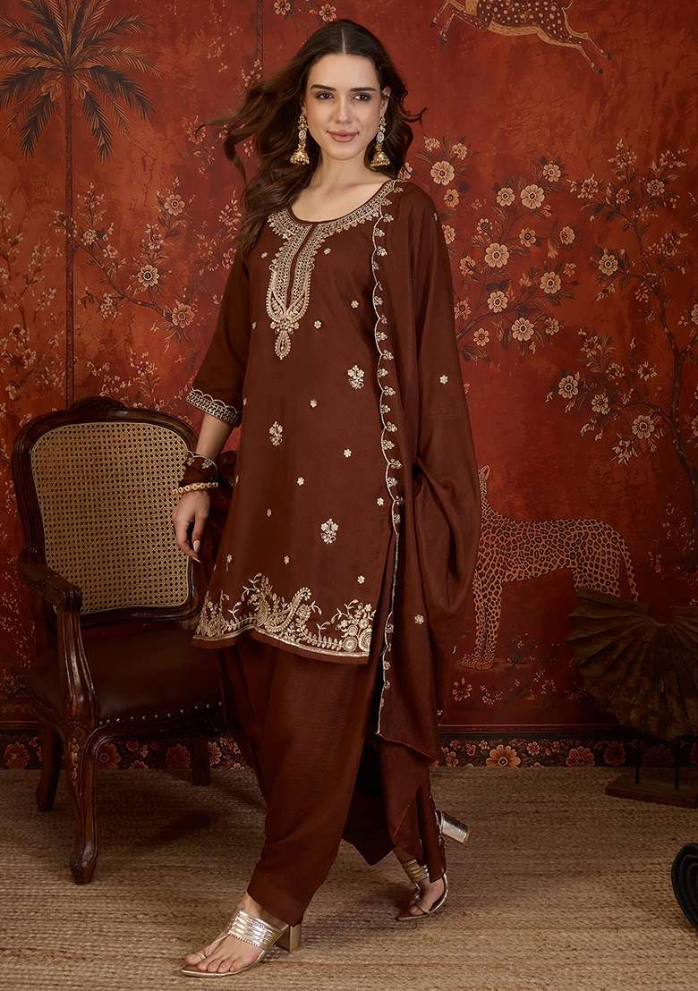Brown Embroidery Silk Kurta Set - Indya