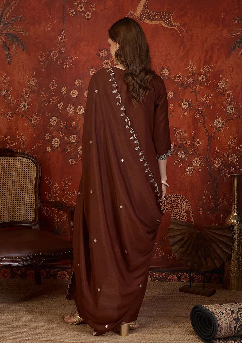 Brown Embroidery Silk Kurta Set - Indya