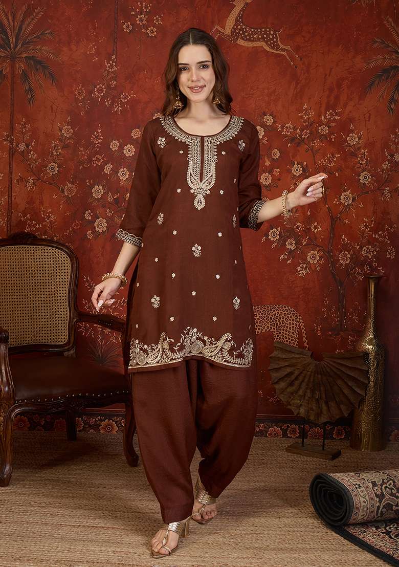 Brown Embroidery Silk Kurta Set - Indya