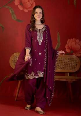 Violet Embroidery Silk Kurta Set