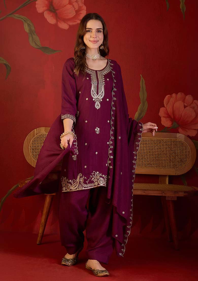 Violet Embroidery Silk Kurta Set - Indya