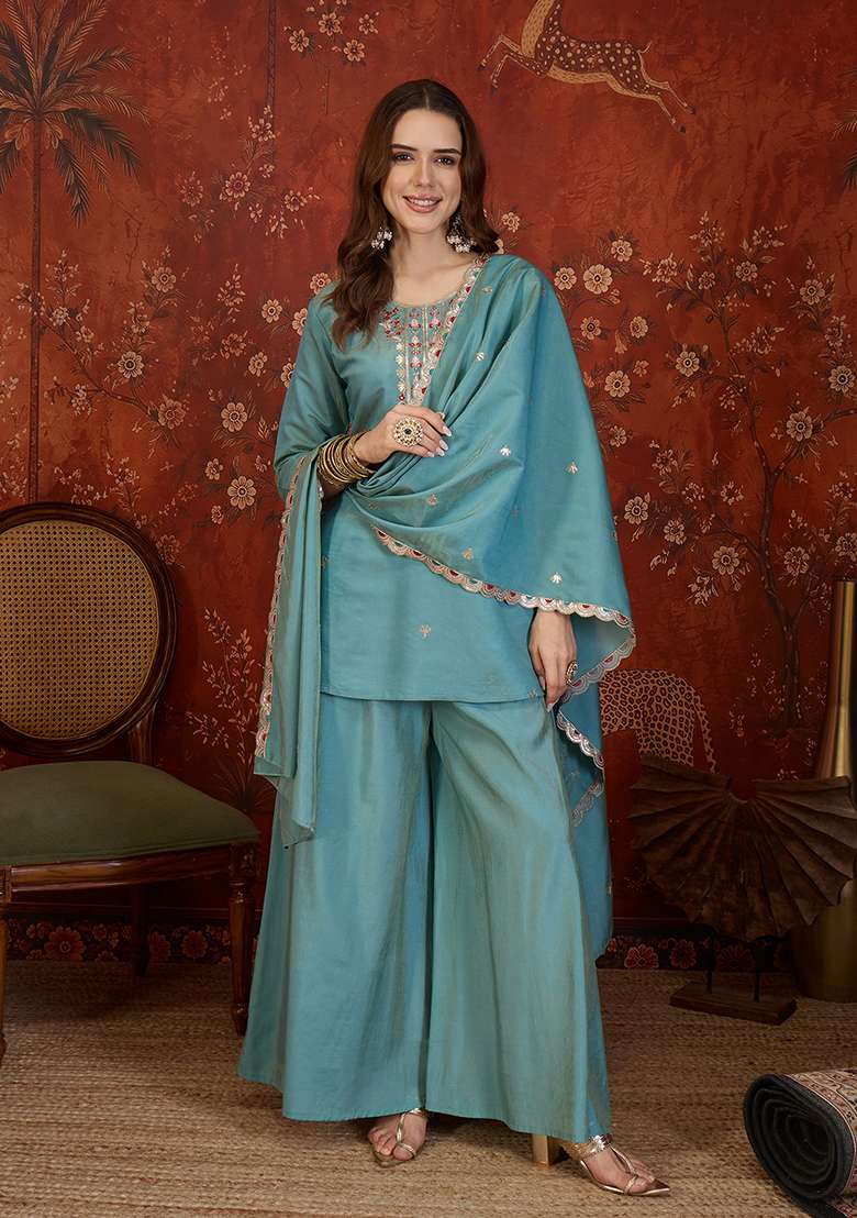 Sea Green Embroidery Roman Kurta Set - Indya