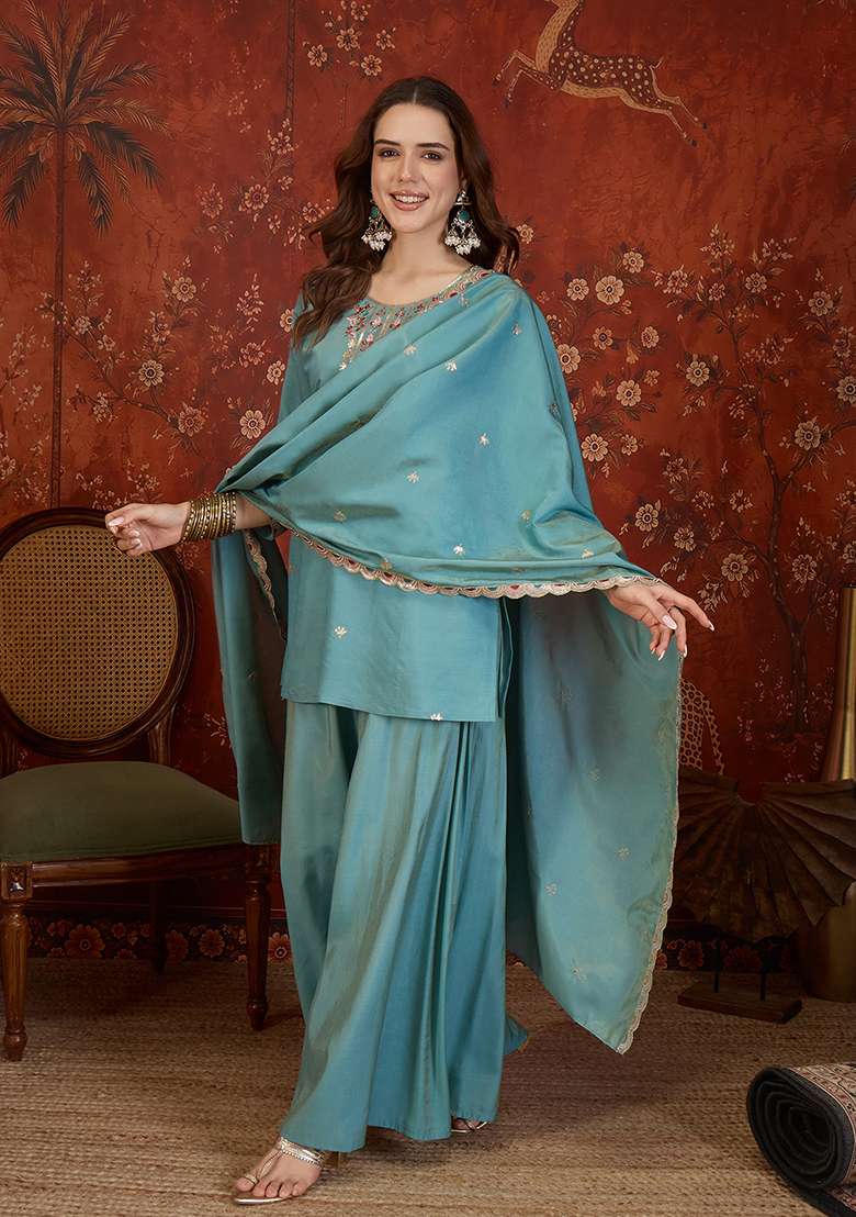 Sea Green Embroidery Roman Kurta Set - Indya