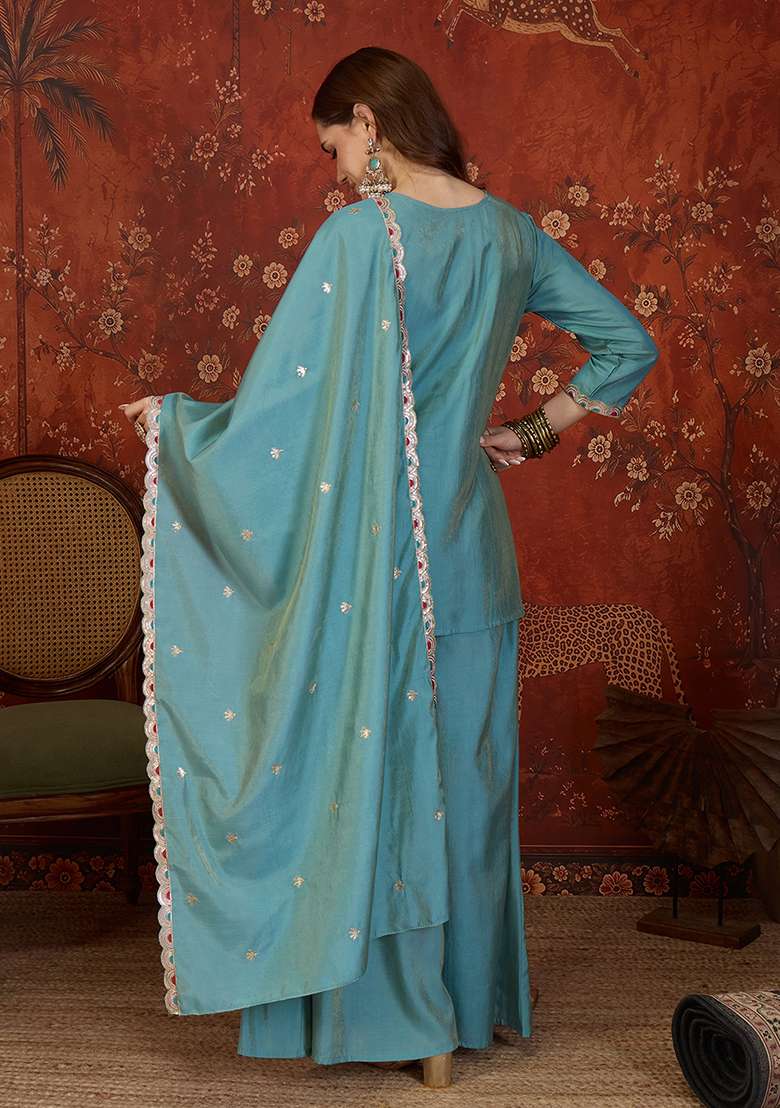 Sea Green Embroidery Roman Kurta Set - Indya