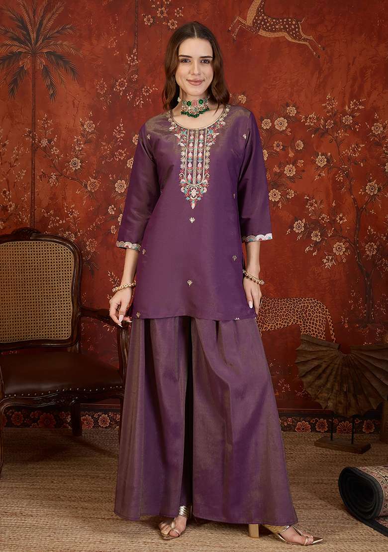 Violet Embroidery Roman Kurta Set - Indya