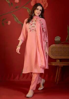 Pink Embroidery Cotton Kurta Set