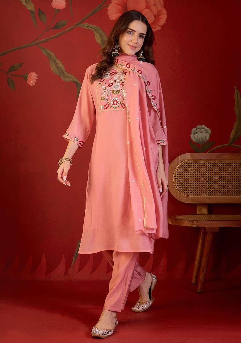 Pink Embroidery Cotton Kurta Set - Indya