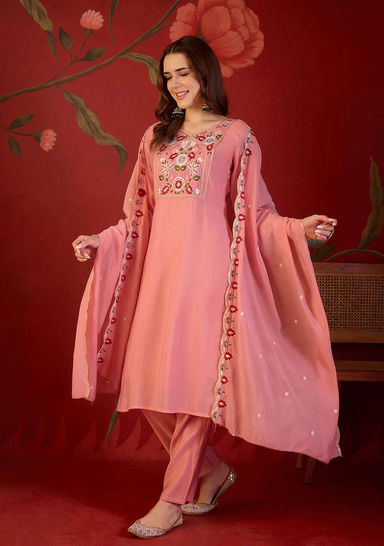 Pink Embroidery Cotton Kurta Set - Indya