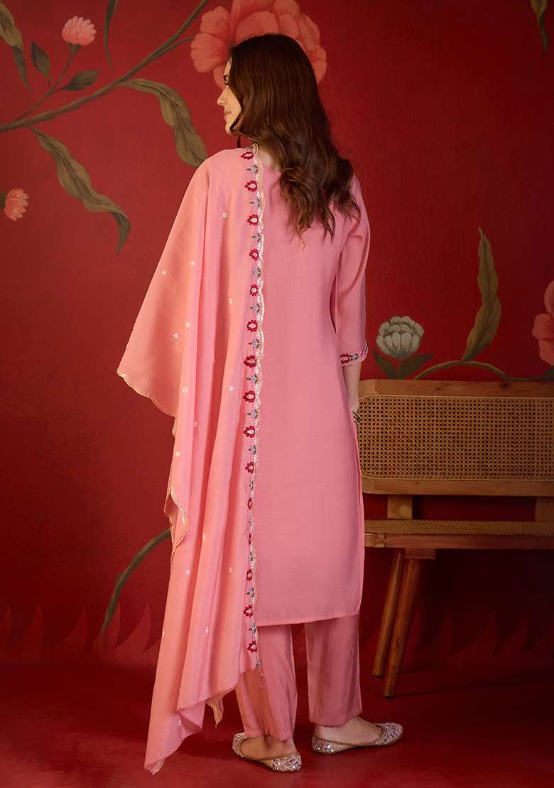 Pink Embroidery Cotton Kurta Set - Indya