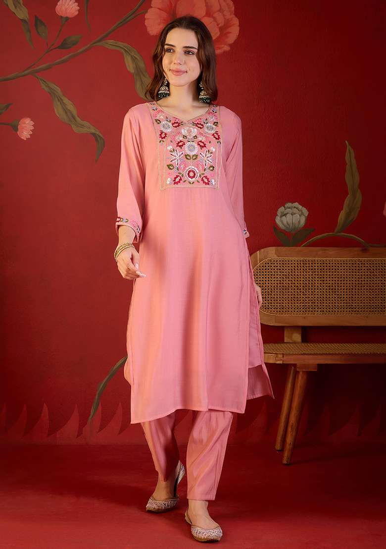 Pink Embroidery Cotton Kurta Set - Indya