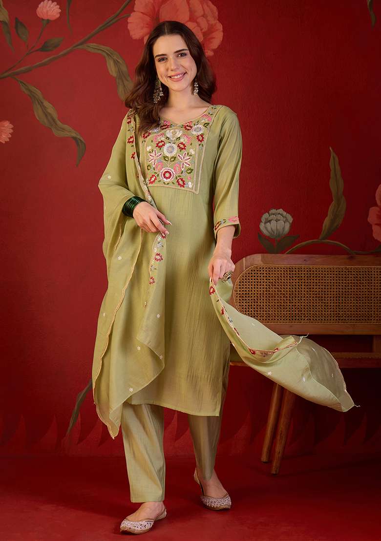 Light Green Embroidery Cotton Kurta Set - Indya