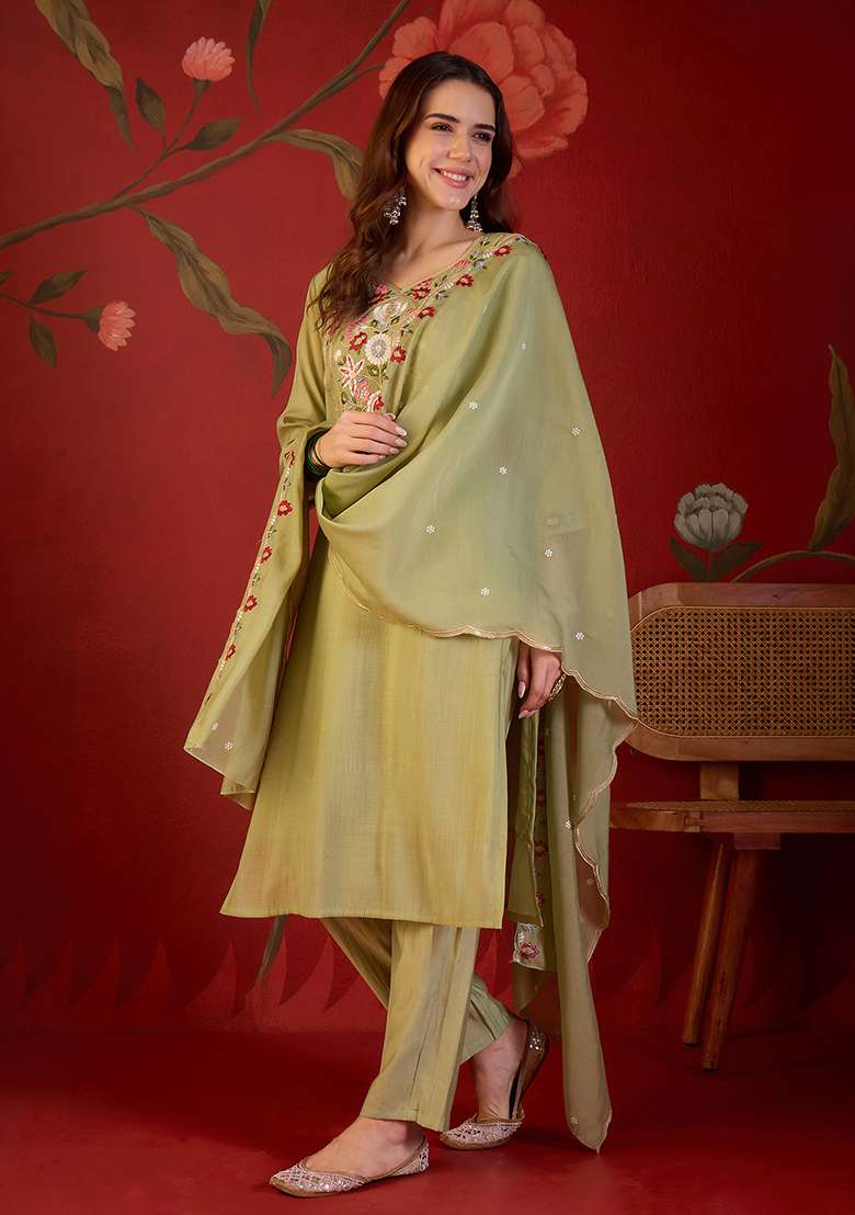 Light Green Embroidery Cotton Kurta Set - Indya