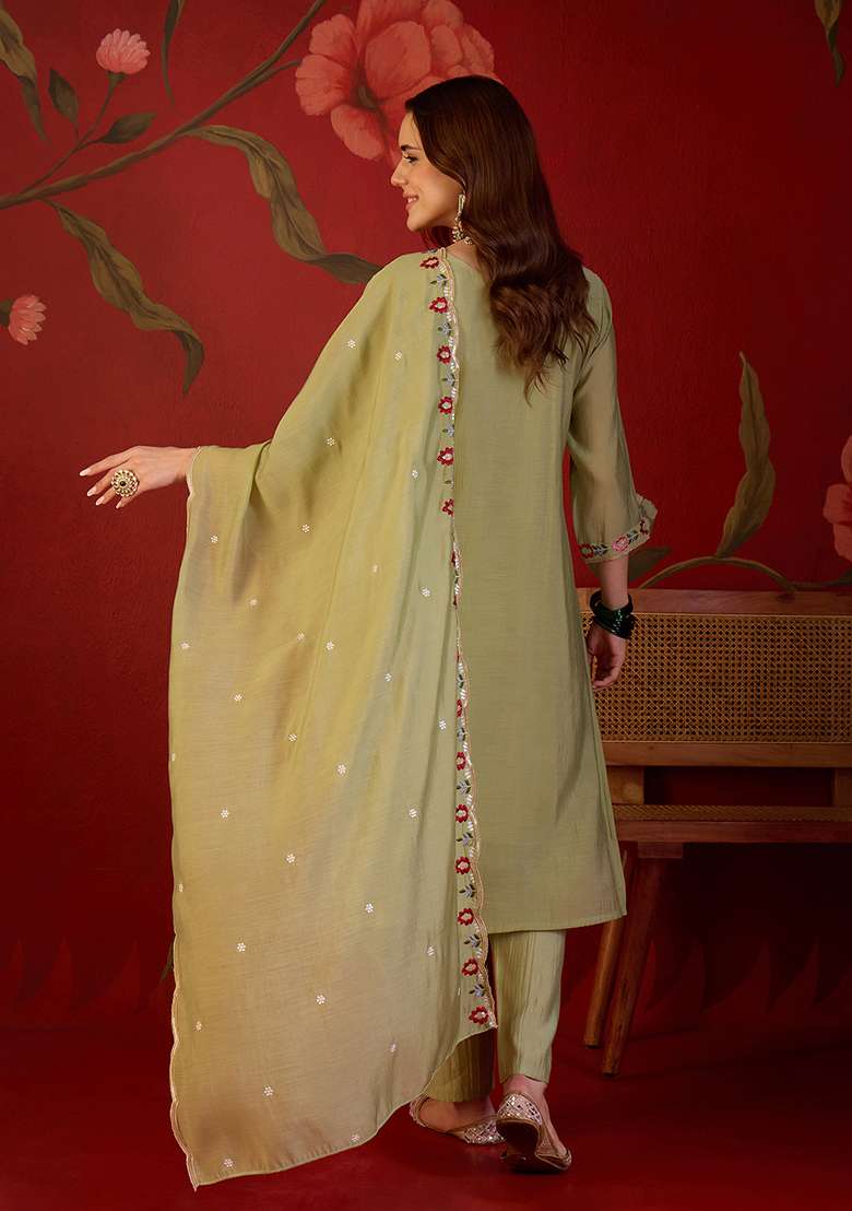 Light Green Embroidery Cotton Kurta Set - Indya