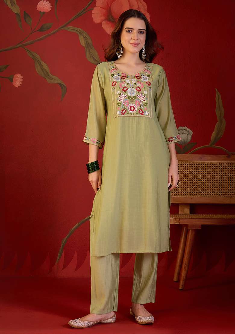 Light Green Embroidery Cotton Kurta Set - Indya
