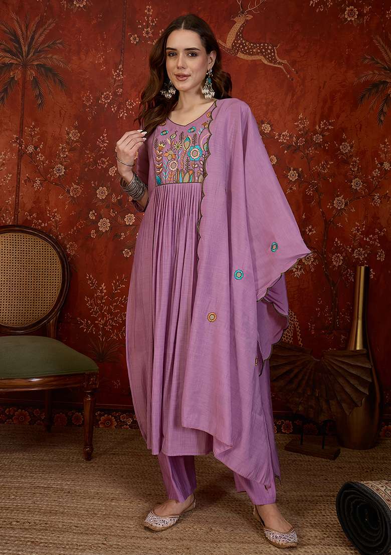 Lavender Embroidery Cotton Kurta Set - Indya