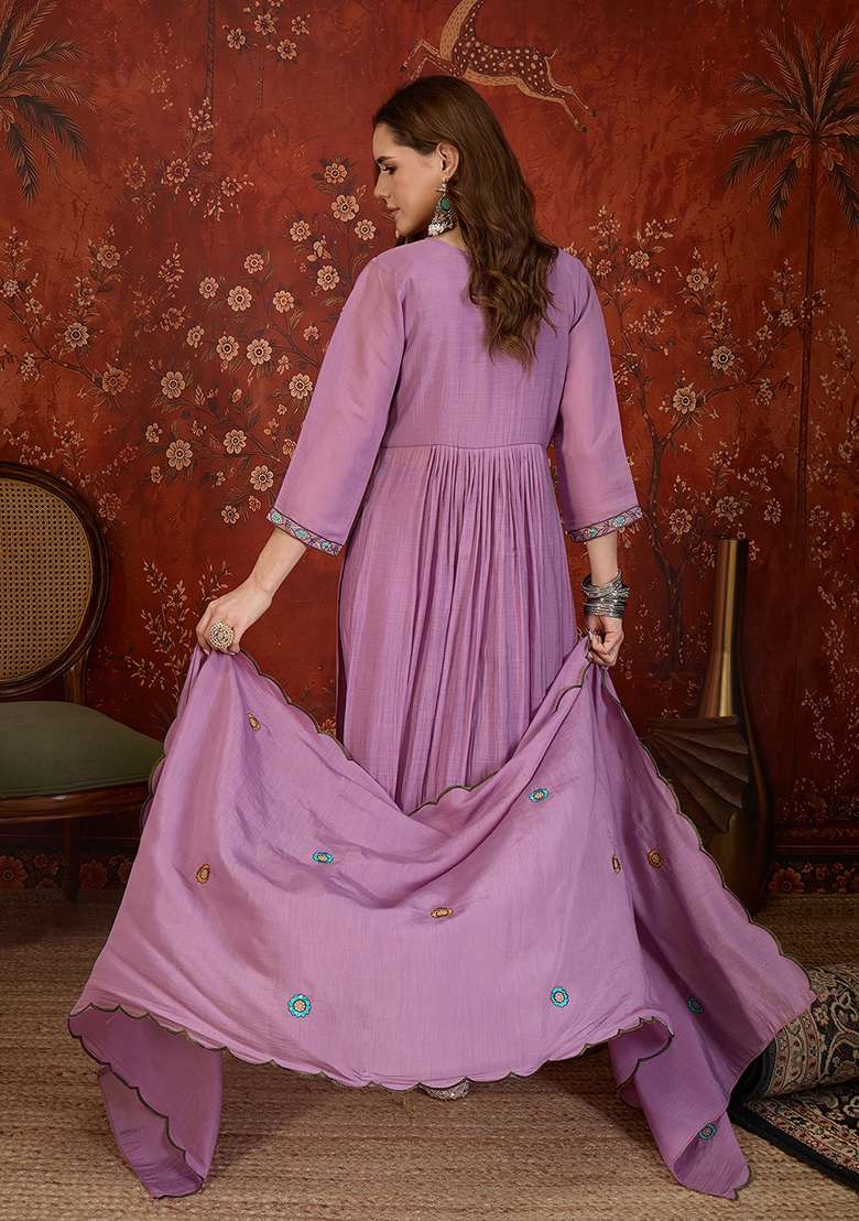 Lavender Embroidery Cotton Kurta Set - Indya