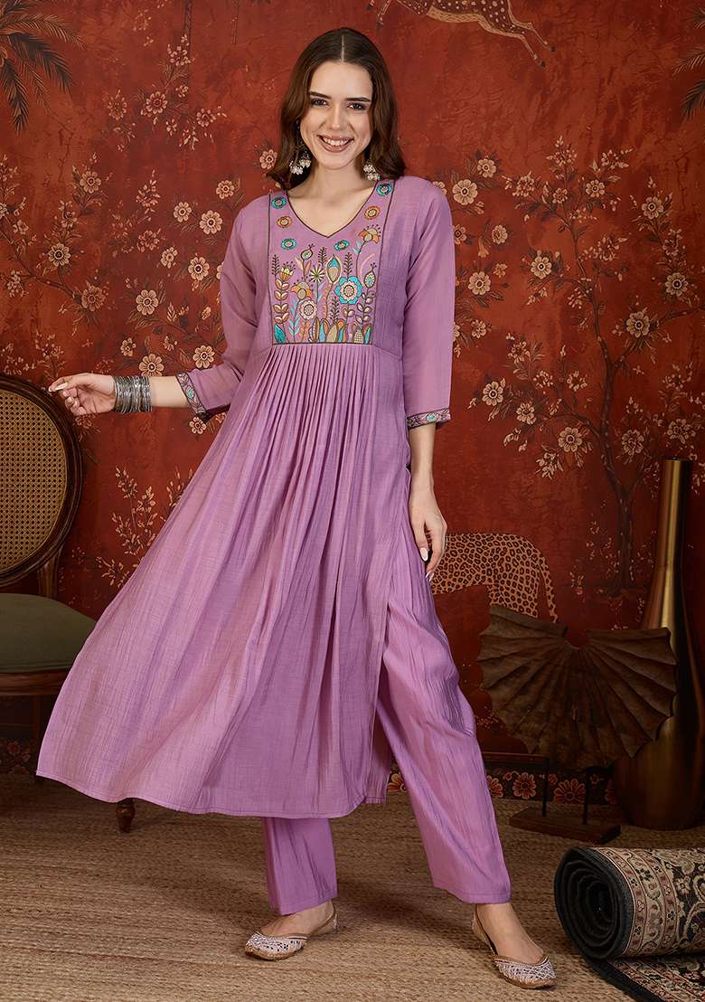 Lavender Embroidery Cotton Kurta Set - Indya