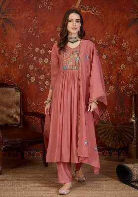 Peach Embroidery Cotton Kurta Set