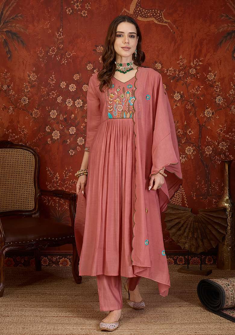 Peach Embroidery Cotton Kurta Set - Indya
