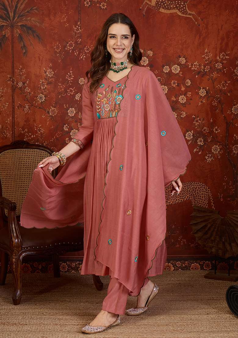 Peach Embroidery Cotton Kurta Set - Indya